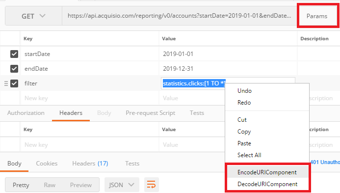 Encode the value of a query parameter with EncodeURIComponent in Postman